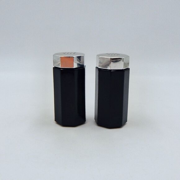 Arcoroc Octime Salt Pepper Shaker Set Black Glass France Geometric Octagon MCM - Picture 2 of 11